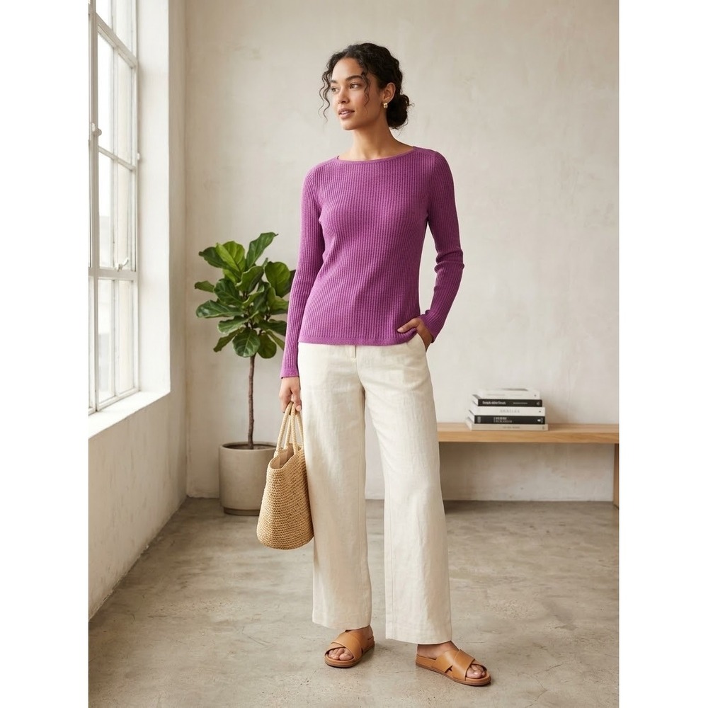 Eileen Fisher Petite Purple 100% Linen Ribbed Boat Neck Sweater PS S3LWR-1
